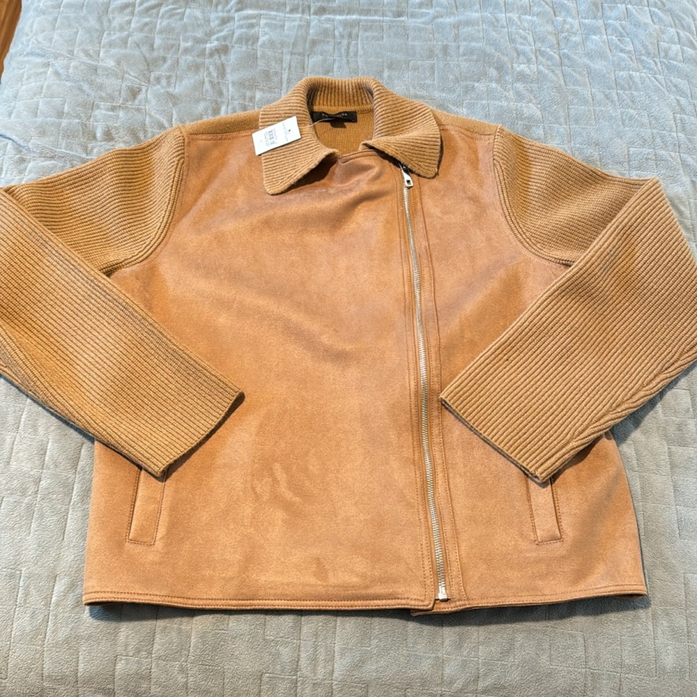 NWT Ann Taylor Jacket, Sweater, Knit, Suede, Tan, Beige, Moto, Cardigan, Size L